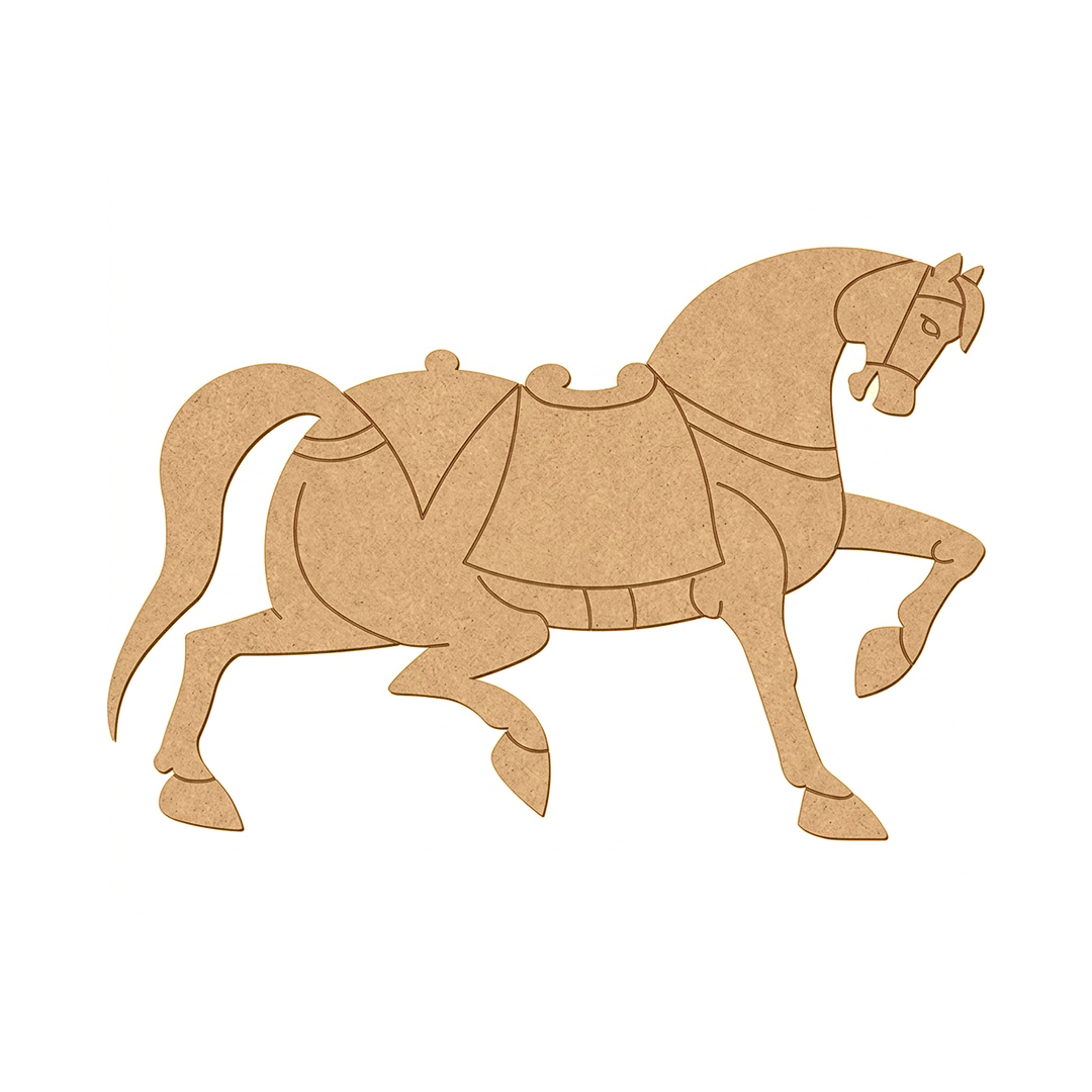 MDF DIY horse cutout with a saddle on a white background