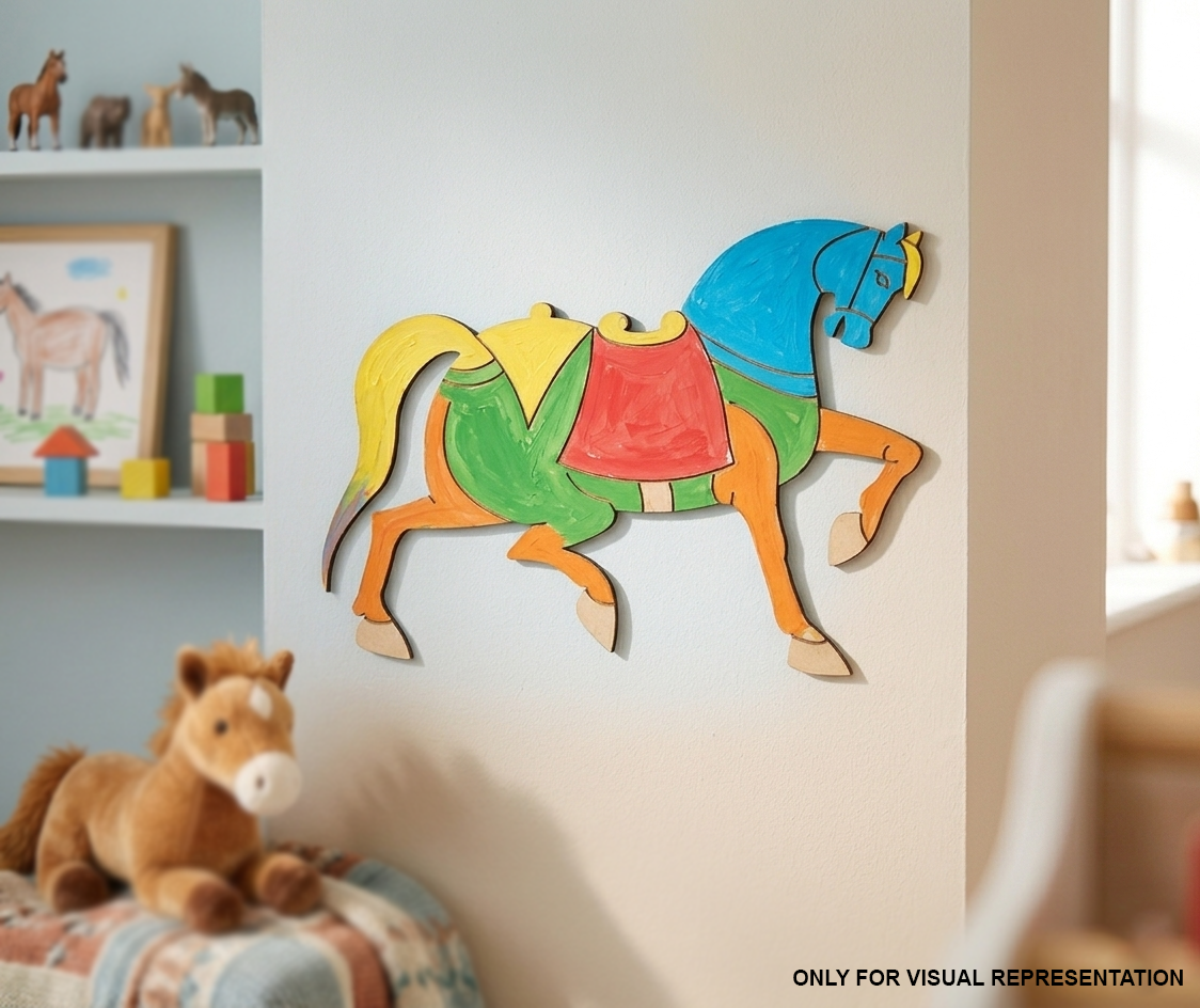 MDF DIY Colorful horse wall decoration in a child's room with toys and a shelf.
