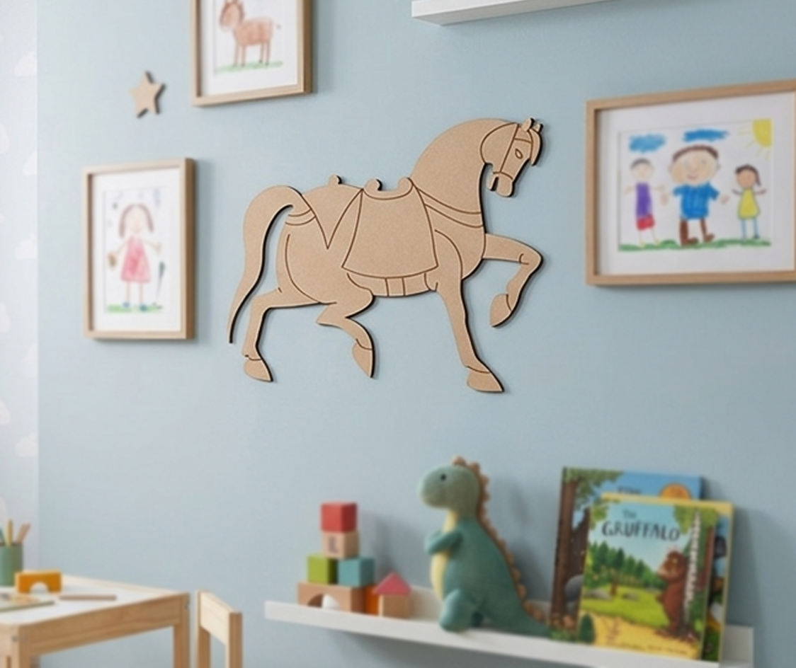 MDF DIY horse wall decoration on a light blue wall with children's drawings and toys below.
