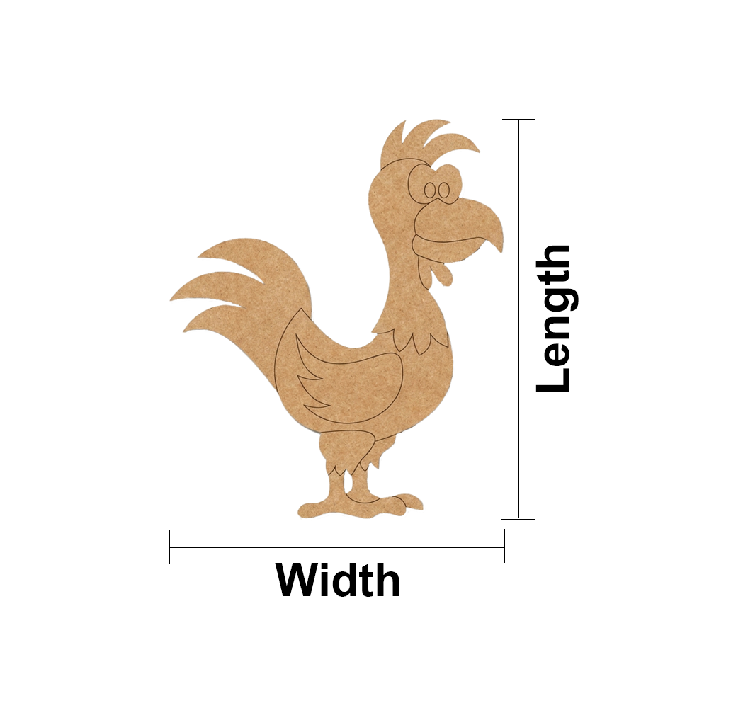 MDF DIY cutout of a rooster with measurements labeled 'Length' and 'Width' on a white background.