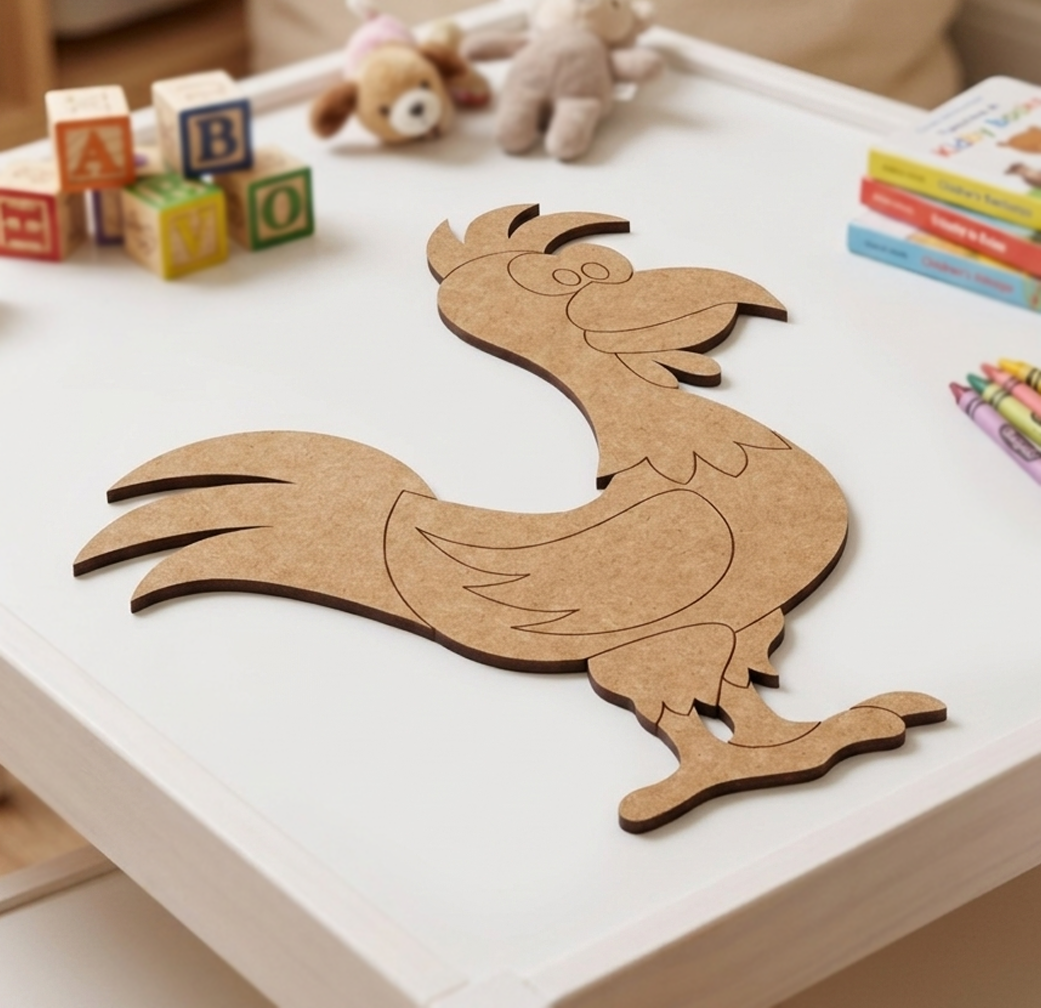 MDF DIY rooster cutout on a table with toys and books in the background