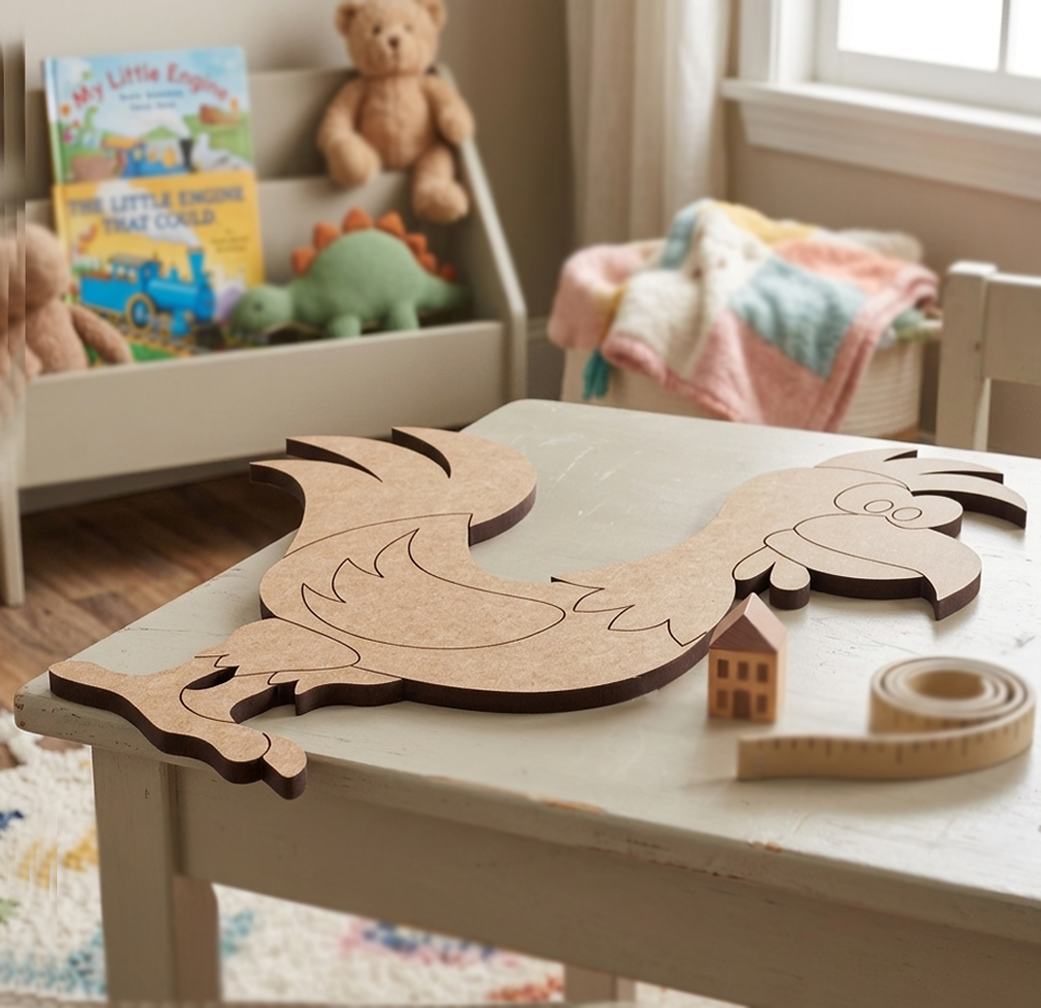 MDF DIY cutout of a rooster on a table in a child's room with toys and books in the background.