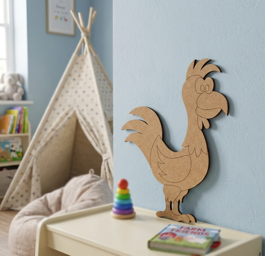 MDF DIY rooster decoration on a shelf in a child's room with a teepee and books.