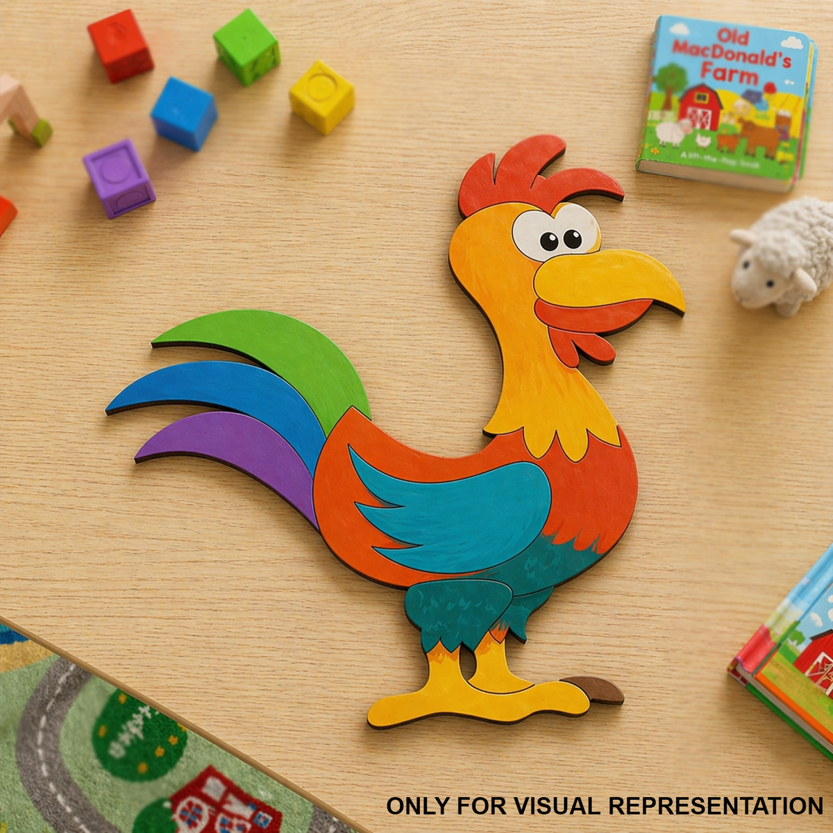MDF DIY Colorful rooster cutout on a wooden surface with children's books and toys around