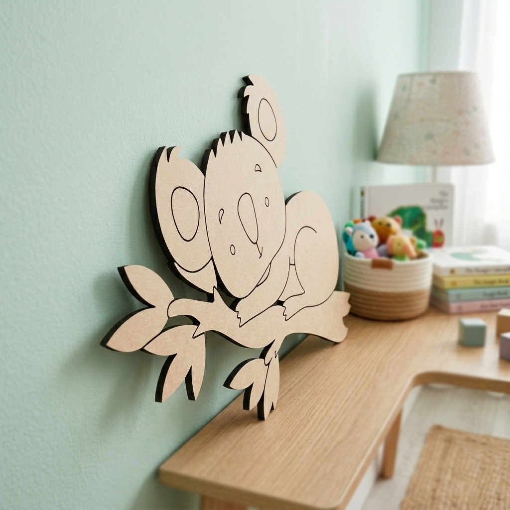 MDF DIY  wall decoration of a cartoon character on a light green wall with a wooden shelf and toys in the background.