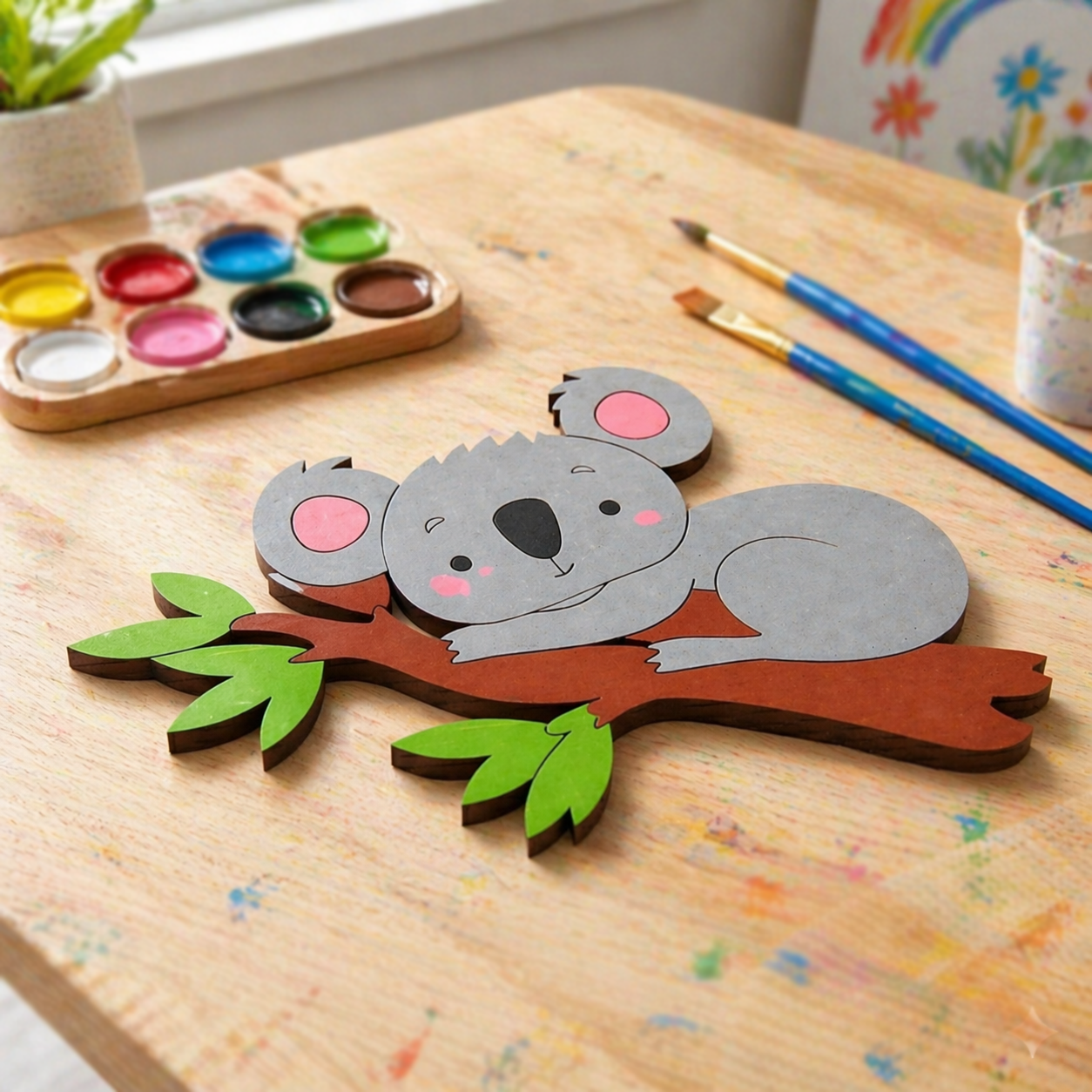 MDF DIY Children's craft project with a koala on a branch, paint palette, and brushes on a wooden table.
