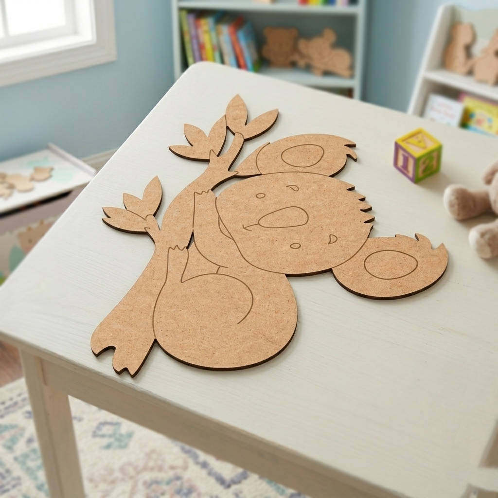MDF DIY koala cutout on a white table with a child's room in the background