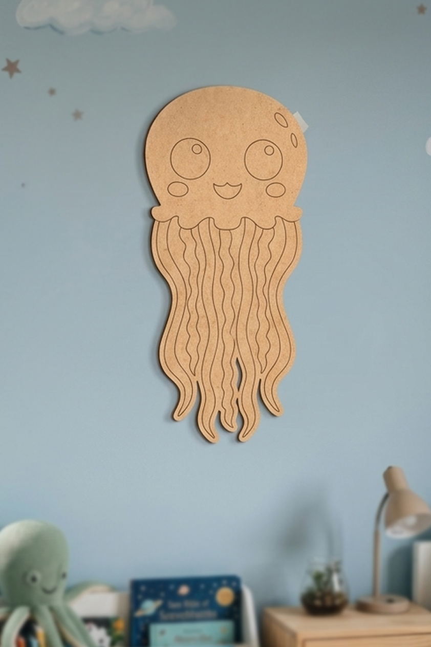 MDF DIY jellyfish wall decoration on a light blue wall with children's books and toys in the background.