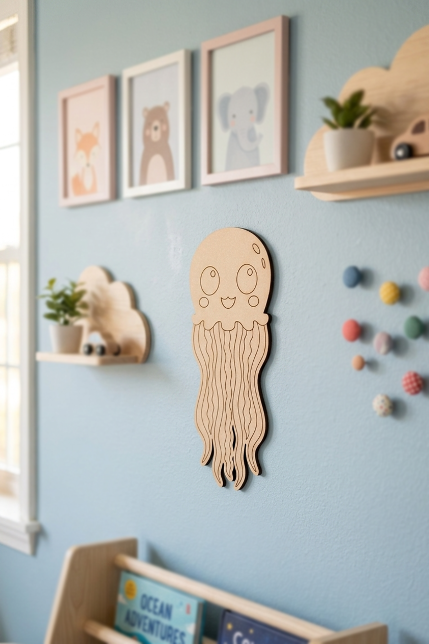 MDF DIY  jellyfish wall decoration in a child's room with light blue walls and shelves.