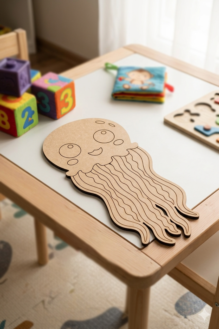 Children's play area with a MDF DIY jellyfish toy on a table.