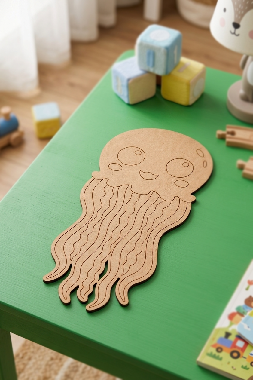 MDF DIY  jellyfish puzzle on a green table with colorful blocks in the background