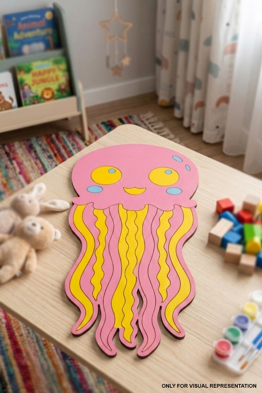 MDF DIY  Children's room with a pink jellyfish-shaped cutout on a wooden surface, surrounded by toys and books.