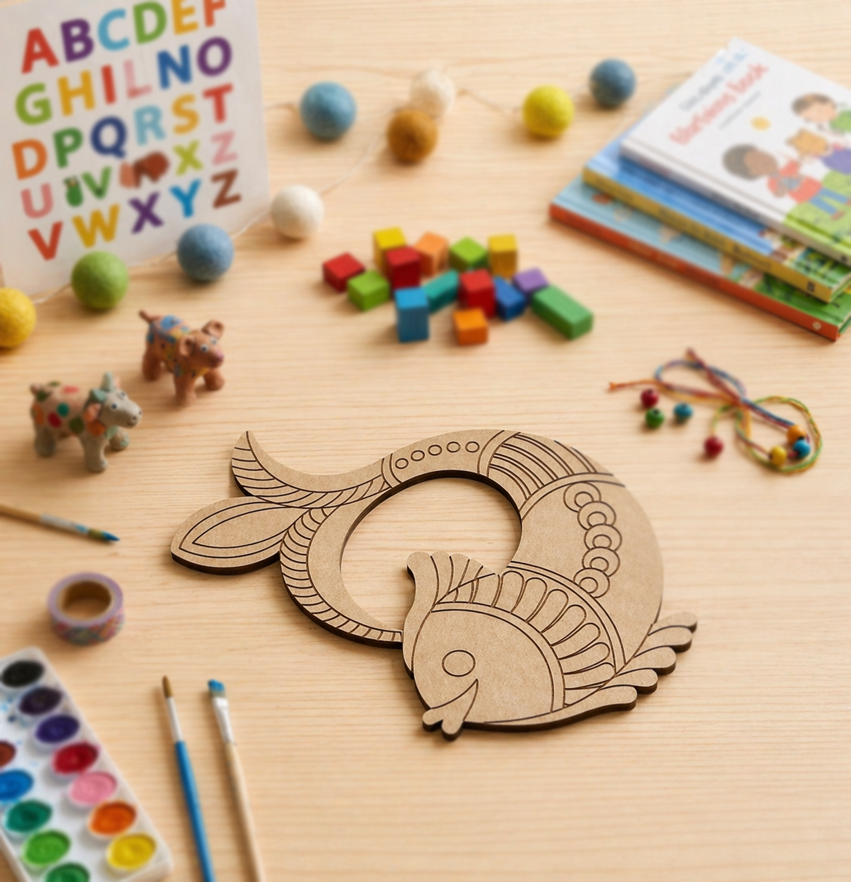 MDF DIY  fish-shaped cutout on a wooden table with educational materials