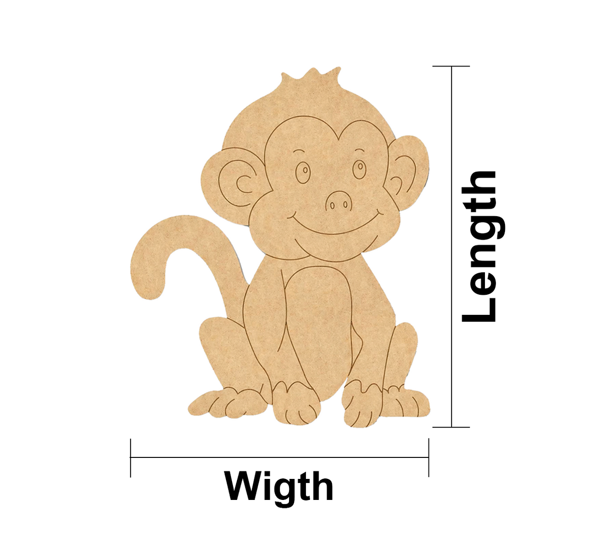 MDF DIY  monkey cutout with dimensions labeled on a white background