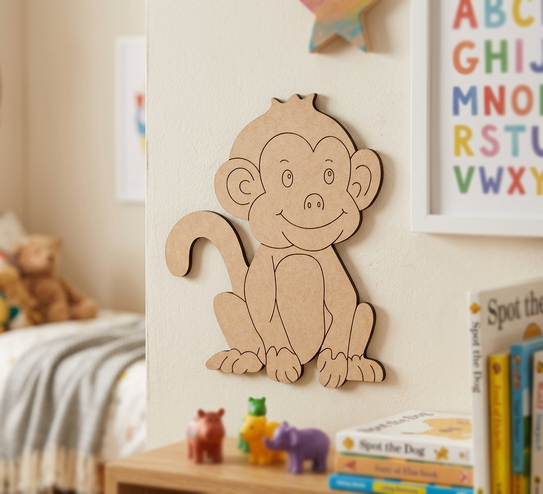 MDF DIY  monkey wall decoration in a child's room with books and toys.
