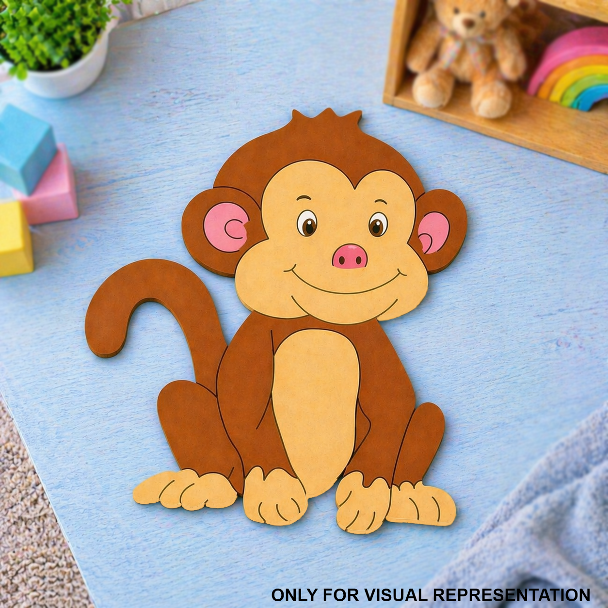 MDF DIY  Cartoon monkey cutout on a blue surface with toys in the background