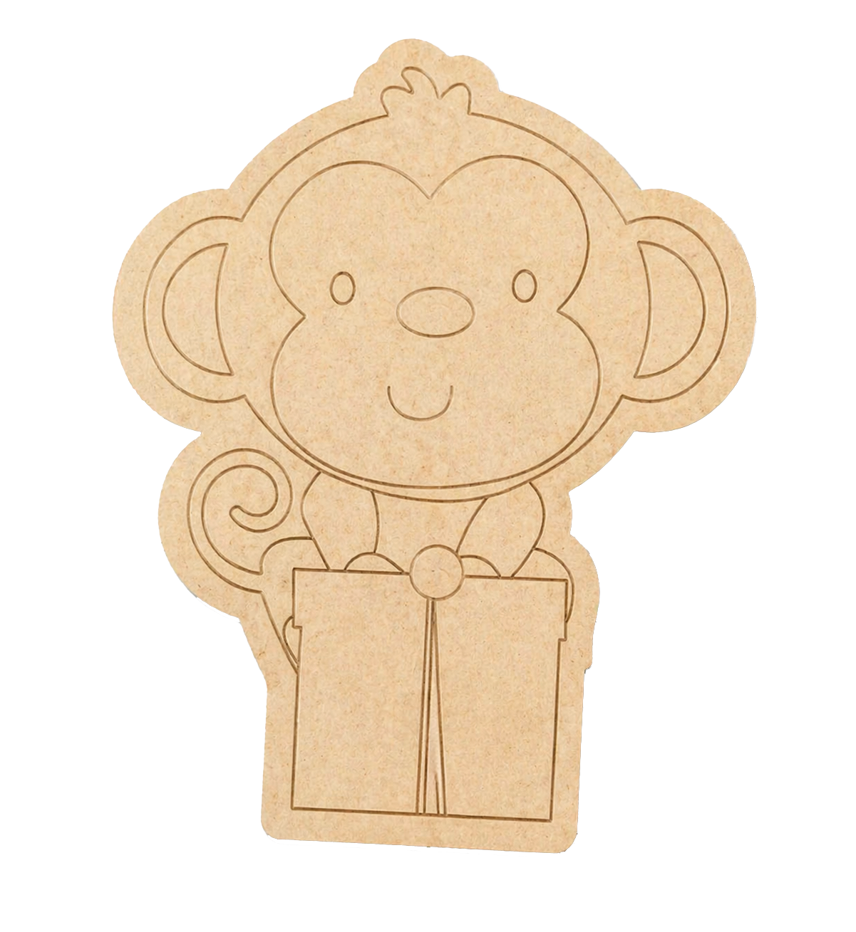 Cardboard cutout of a monkey with a gift box on a white background