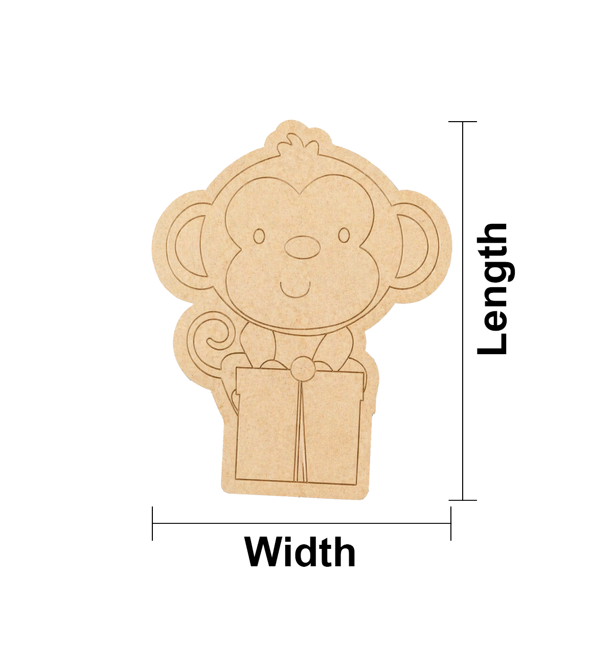 MDF DIY  monkey shape with measurements on a white background