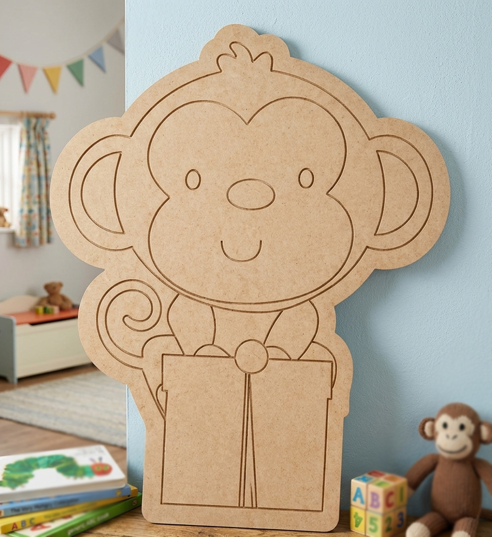 MDF DIY  monkey cutout on a table with a child's room in the background
