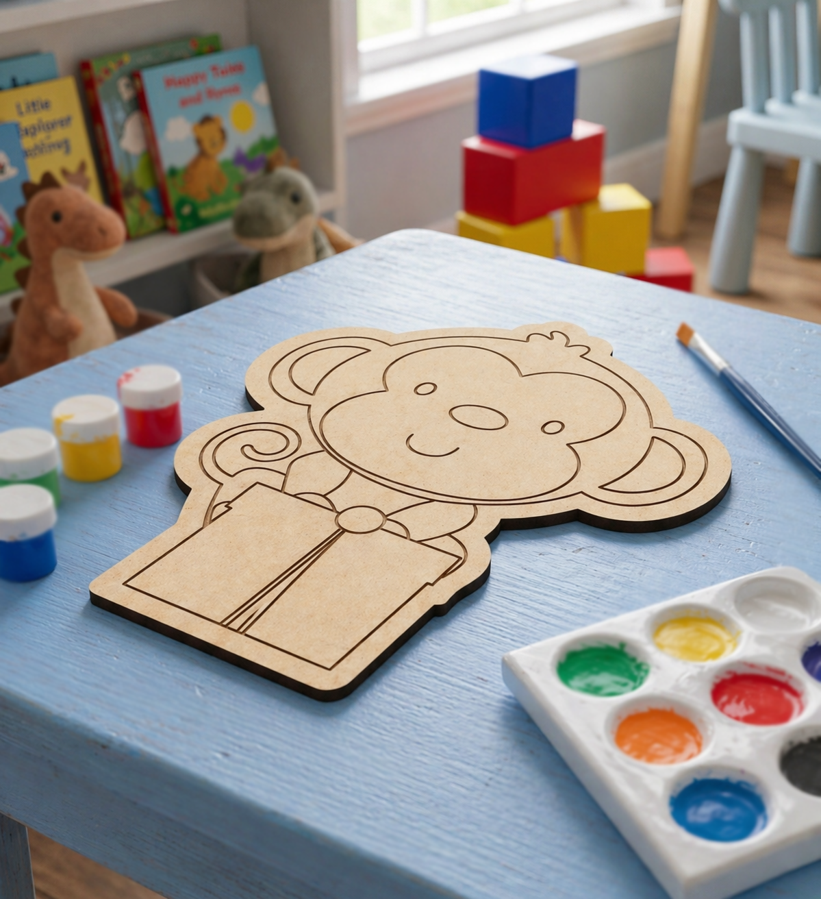 MDF DIY  monkey craft kit on a table with paint supplies in a child's playroom.
