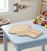 MDF DIY Children's play area with a blue table, wooden bear puzzle, and colorful toys.