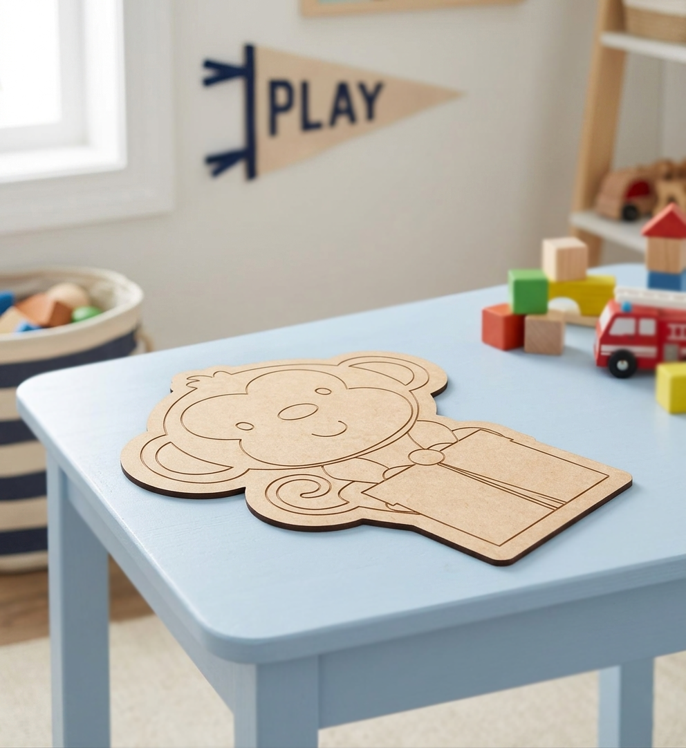MDF DIY Children's play area with a blue table, wooden bear puzzle, and colorful toys.