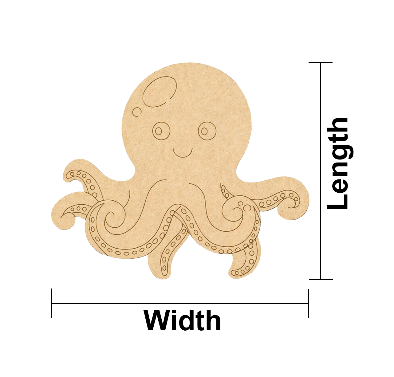MDF DIY  octopus cutout with measurements labeled on a white background