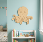MDF DIY  octopus wall decoration on a light blue wall with books and toys below.