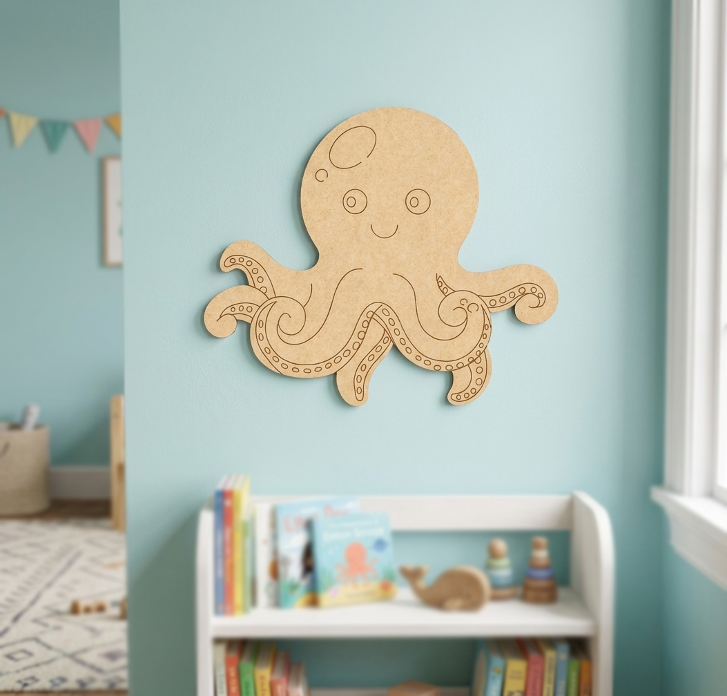 MDF DIY  octopus wall decoration on a light blue wall with books and toys below.
