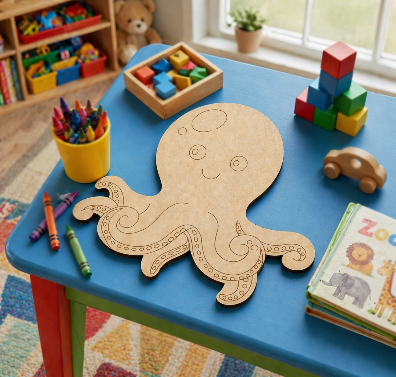 Children's playroom with a blue table featuring a MDF DIY  octopus, crayons, and toys.