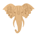 Decorative MDF DIY wall art of an elephant with stylized faces on its ears on a beige background