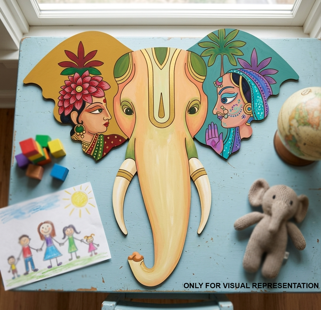 Decorative wall art of an MDF DIY elephant with human faces on a blue surface, surrounded by toys and a globe.