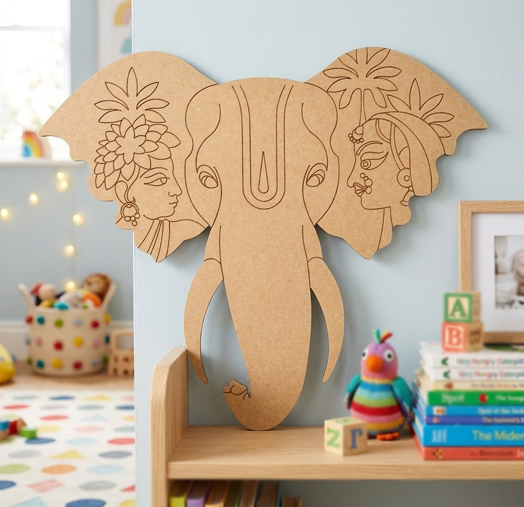 MDF DIY  elephant head decoration on a shelf with toys and books in a child's room.