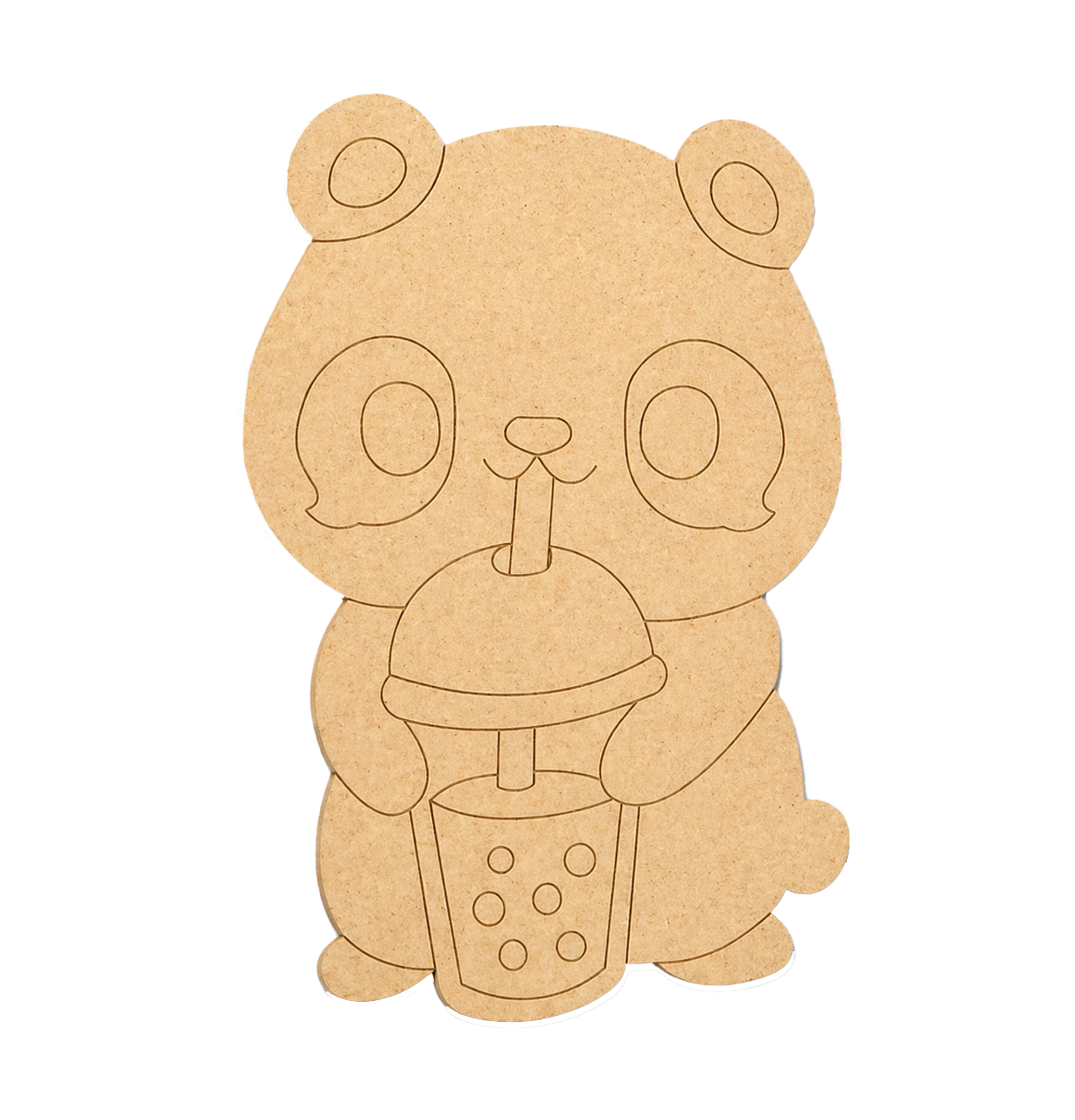 MDF DIY  cutout of a  Panda holding a bubble tea on a white background
