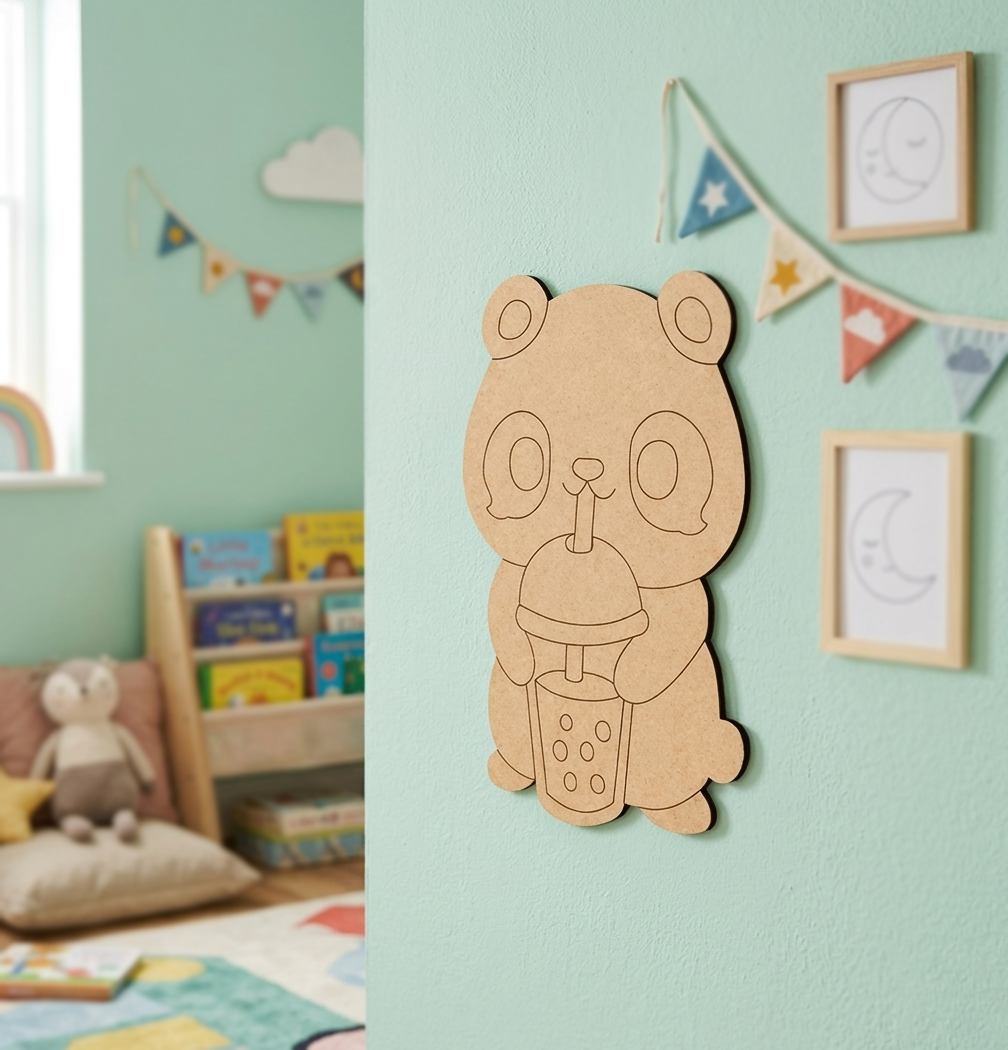 MDF DIY  panda wall decoration on a light green wall with children's toys and books in the background.