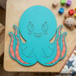 MDF DIY  Cartoon octopus cutout on a wooden surface with colorful blocks and toys.