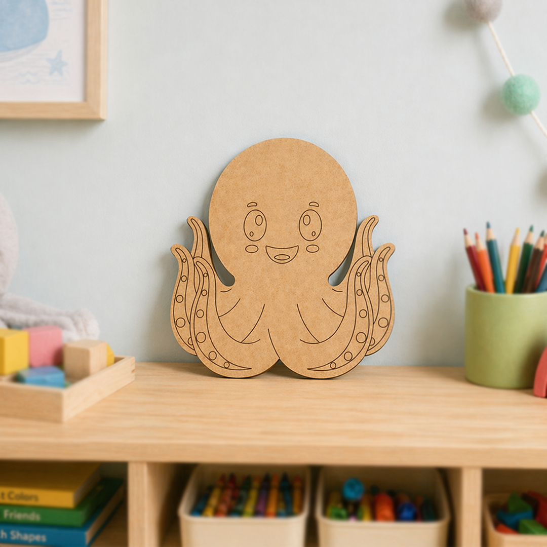 MDF DIY  octopus decoration on a shelf in a child's room with toys and books.