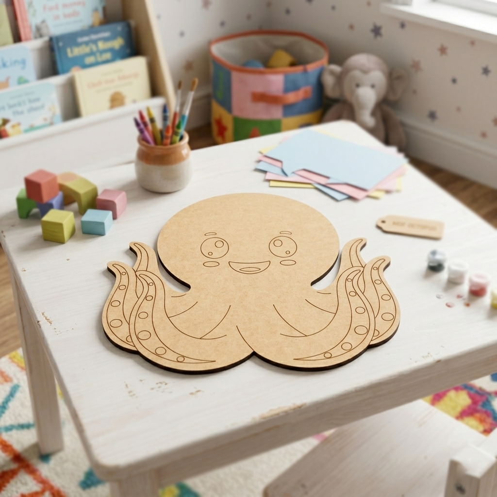 MDF DIY  octopus toy on a child's play table with colorful toys and books in the background.