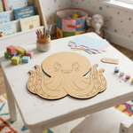 MDF DIY  octopus toy on a child's play table with colorful toys and books in the background.