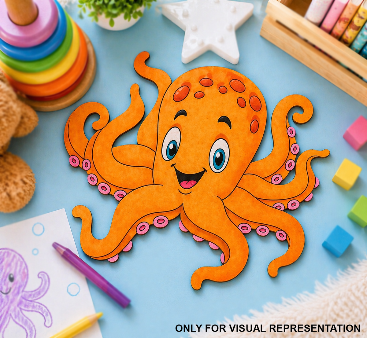 Colorful MDF DIY toy octopus on a blue surface with educational toys around