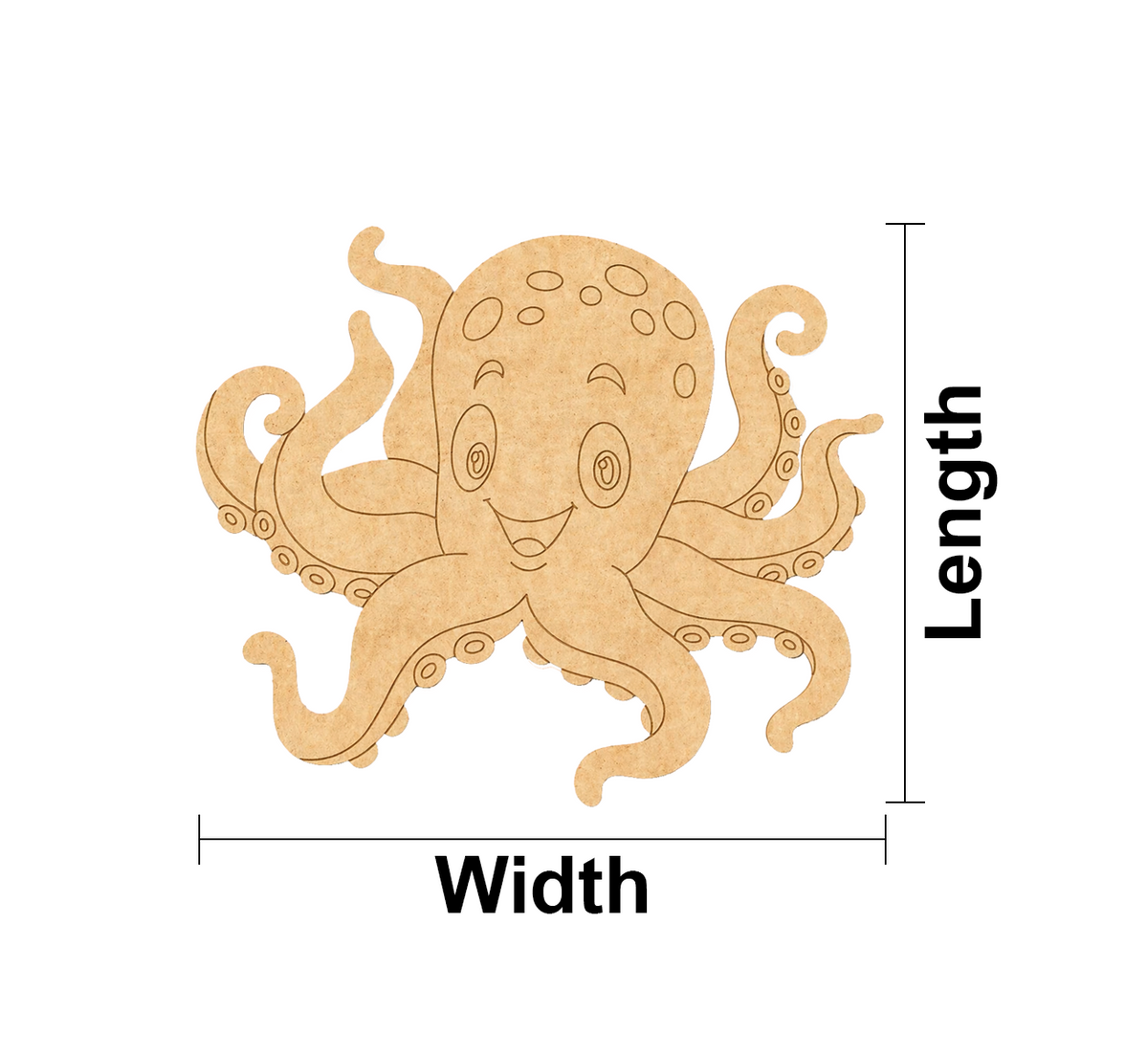 MDF DIY octopus cutout with labeled length and width on a white background