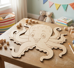 MDF DIY octopus cutout on a table with toys and books in the background
