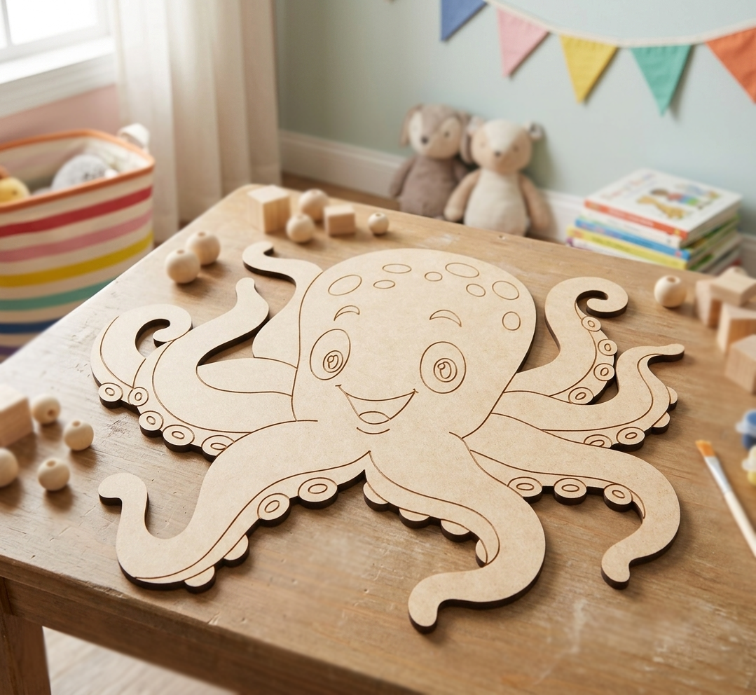 MDF DIY octopus cutout on a table with toys and books in the background