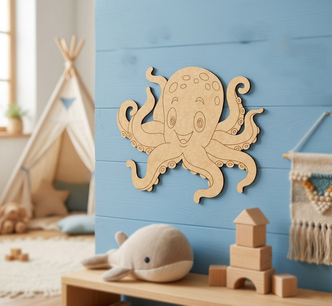  MDF DIY octopus wall decoration in a child's room with toys and a teepee.