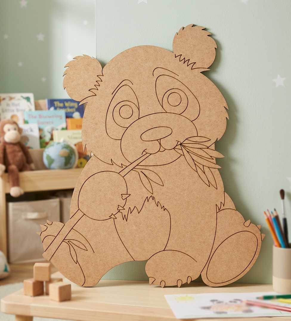 MDF DIY Cardboard cutout of a panda with a flower on a table with toys and books in the background.