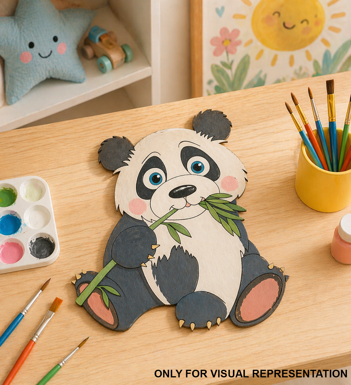 Children's craft project with a MDF DIY panda cutout on a wooden table, surrounded by art supplies.