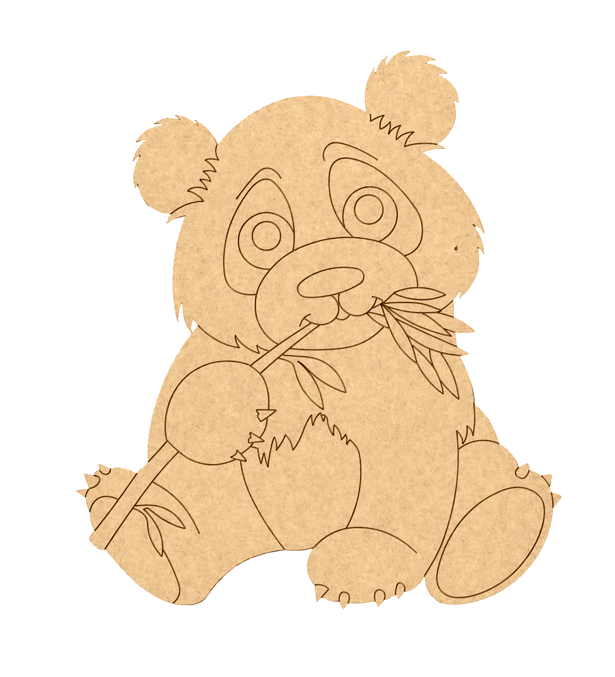 MDF DIY cutout of a panda holding bamboo leaves on a white background