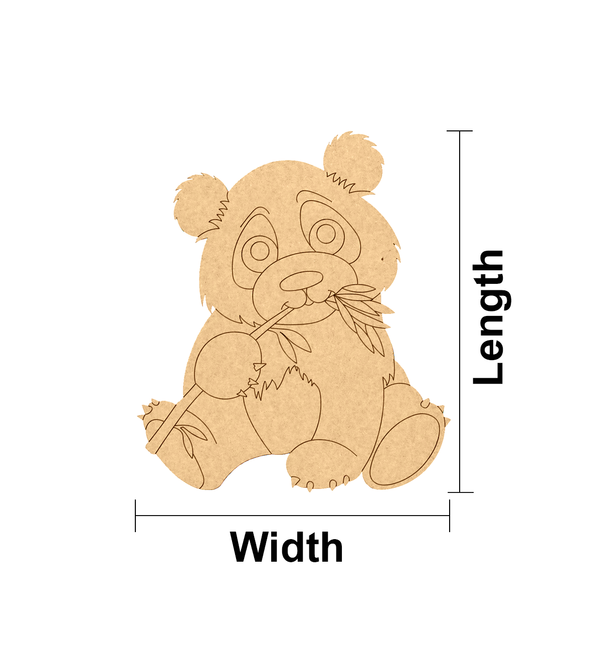 MDF DIY panda cutout with measurements on a white background