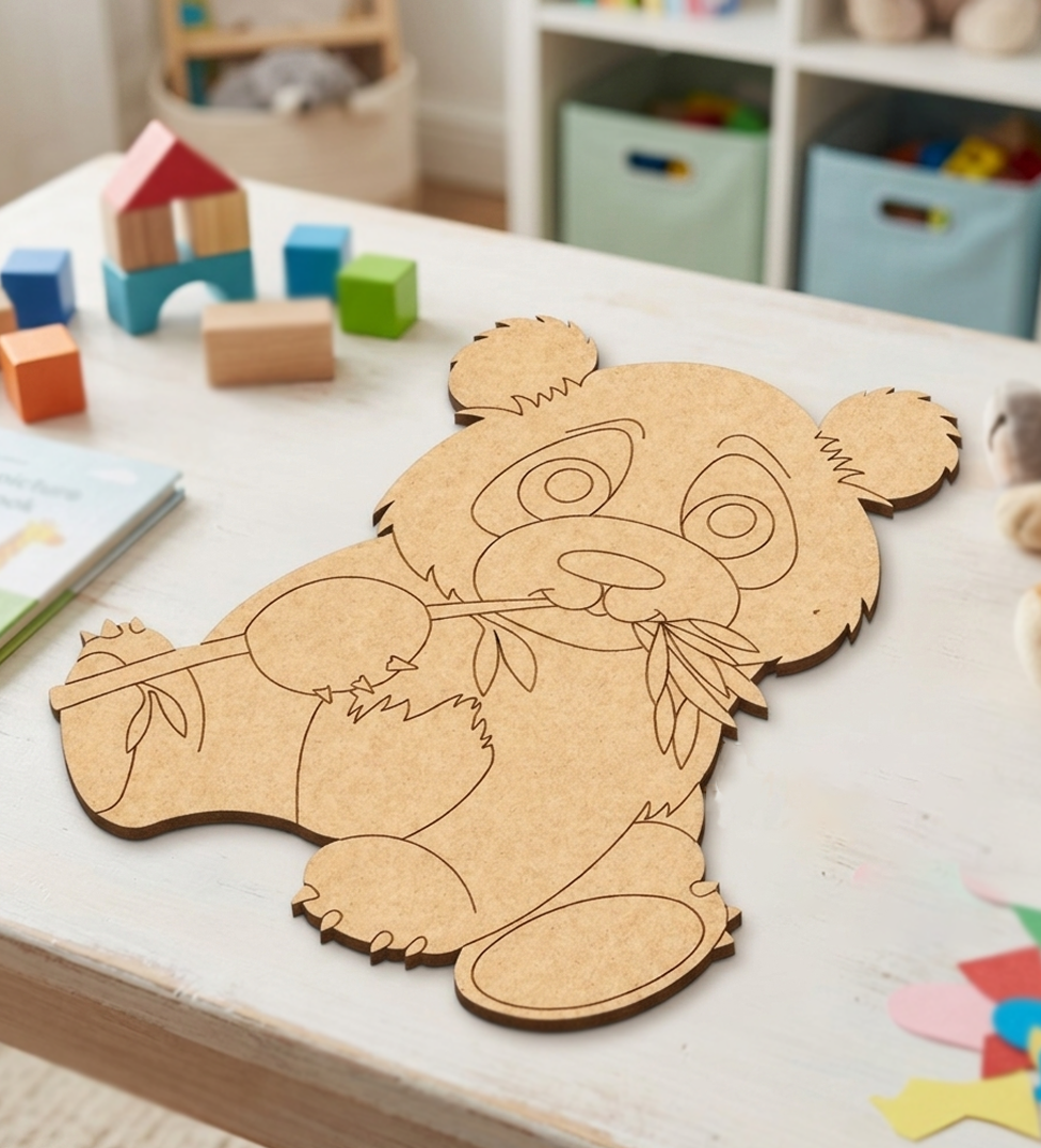 MDF DIY panda cutout on a table with toys in the background