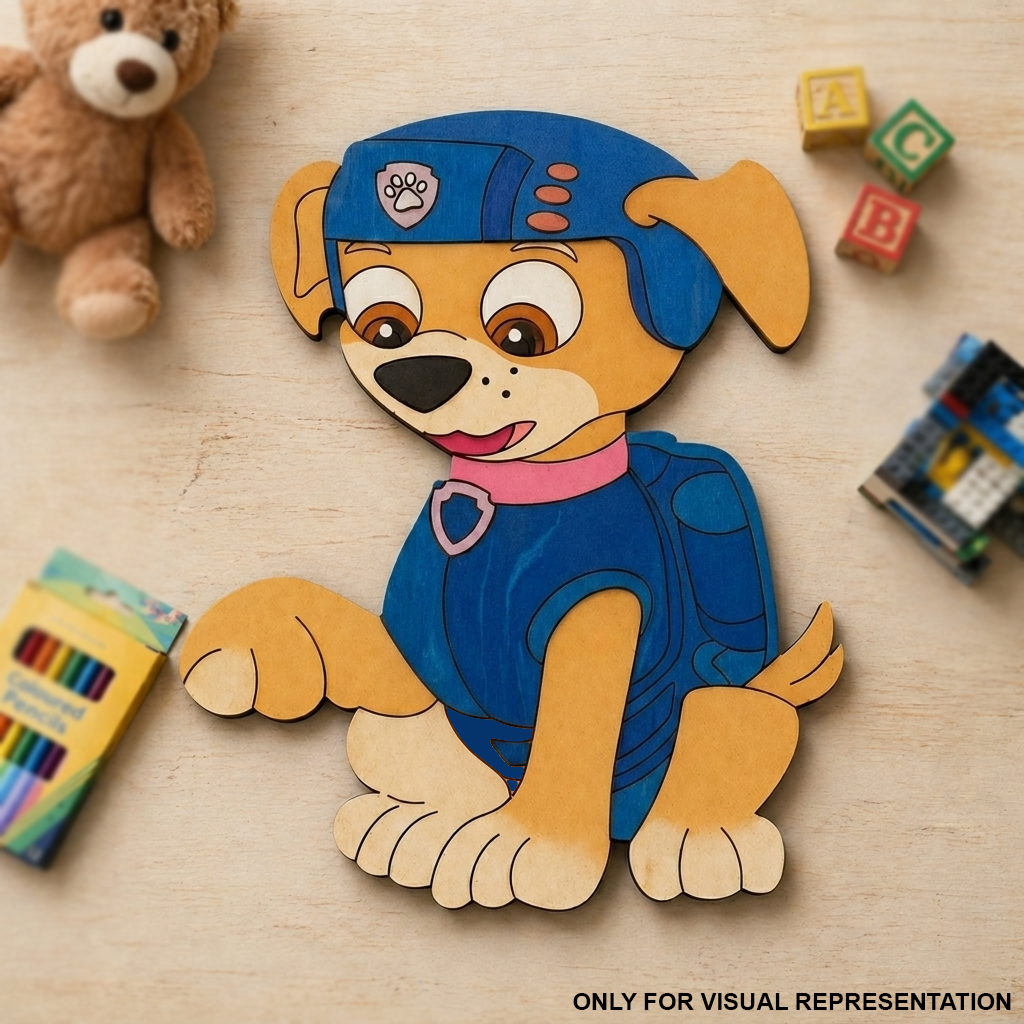 Children's MDF DIY dog cutout with blue uniform on a wooden surface with toys around